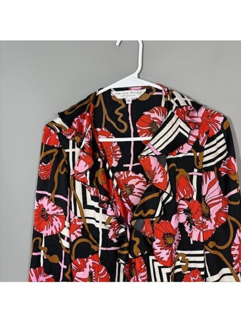 Trina Turk Blouse Womens Medium Multicolor Floral Silk V Neck Long Sleeve Top - Picture 3 of 11